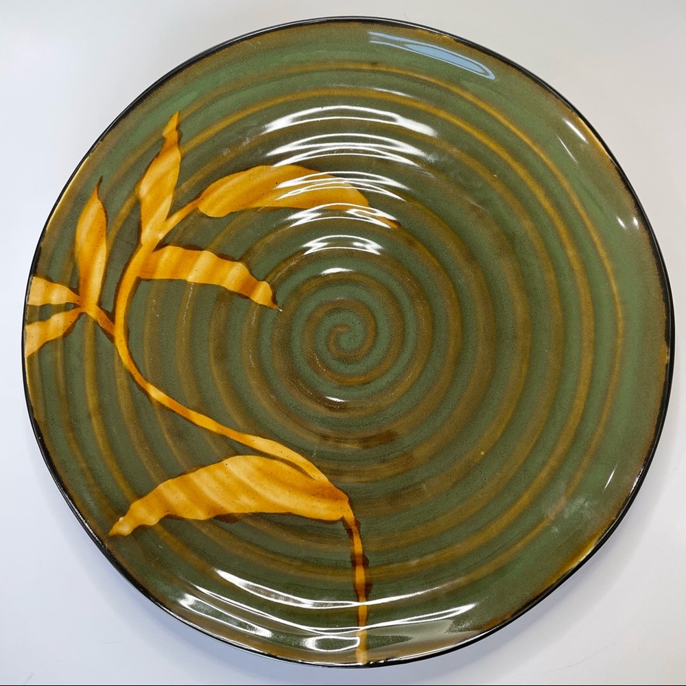 Pier 1 Dakara Green Pottery with Yellow & Rust Leaves Serving Platter 13in